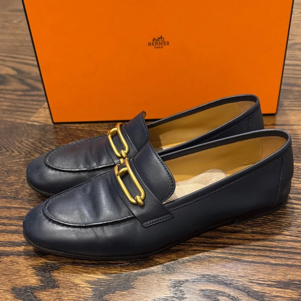Hermes Colette Navy Blue Loafers with Gold Accent - Picture 4 of 11